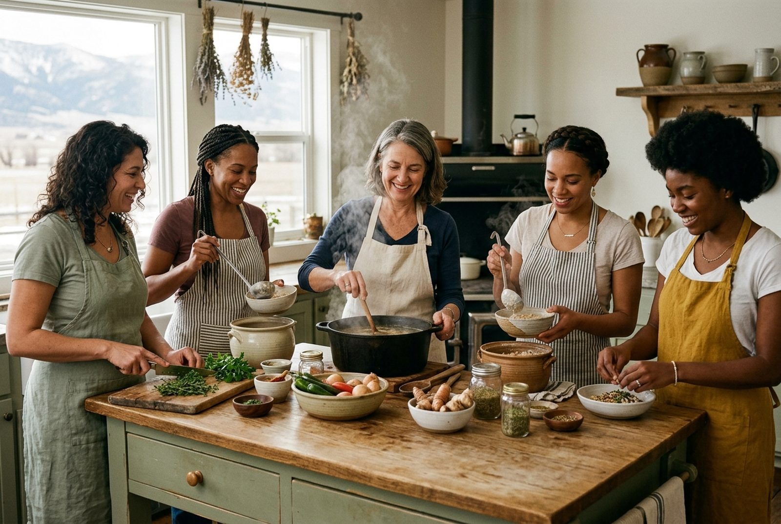 Doulas and midwives cooking nourishing postpartum recovery food together at Emily Montague's certification retreat in New Harmony, Utah